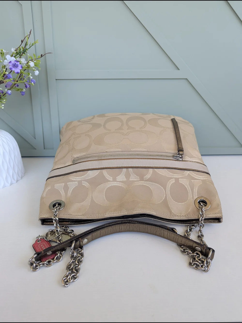 Coach Poppy Signature Metallic Slim Tote